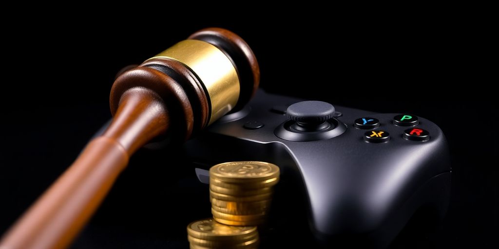 Gavel on video game controller, stack of coins.