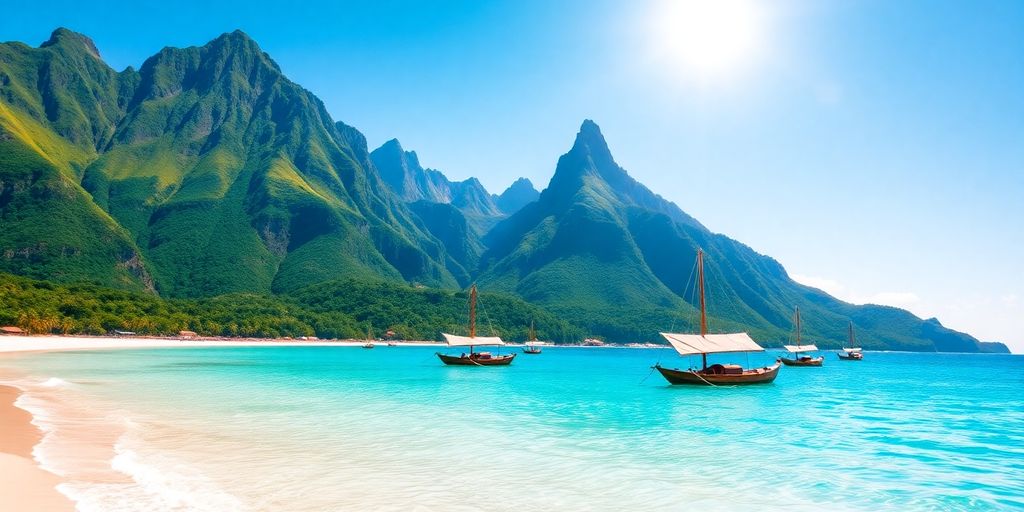 Tropical islands, blue water, lush green mountains, and boats.