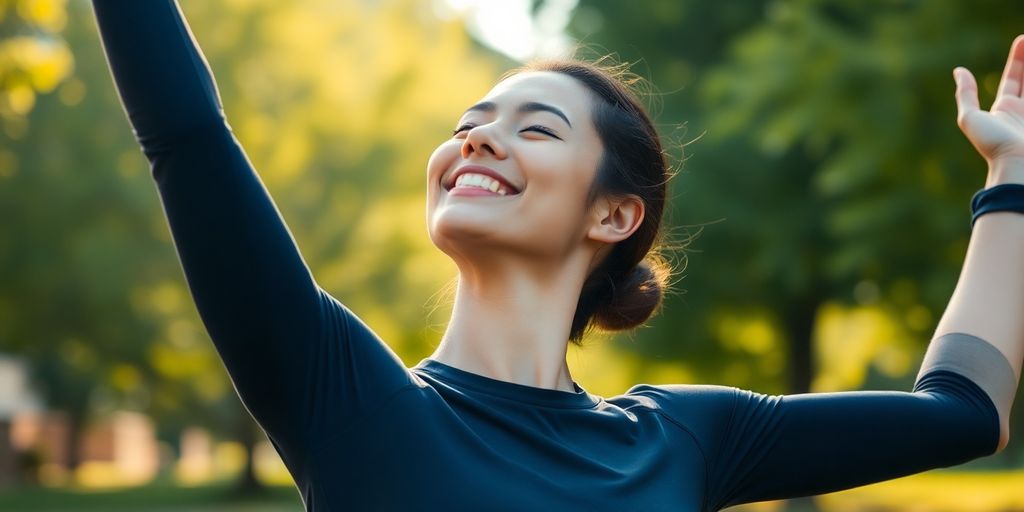 Person stretching outdoors, enjoying peaceful movement and sunlight.