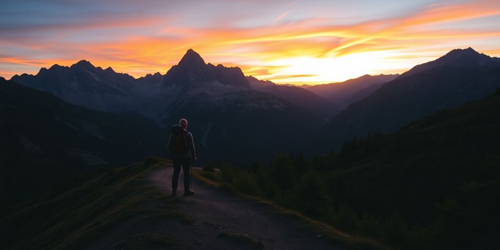 Hiker on mountain trail at sunrise.