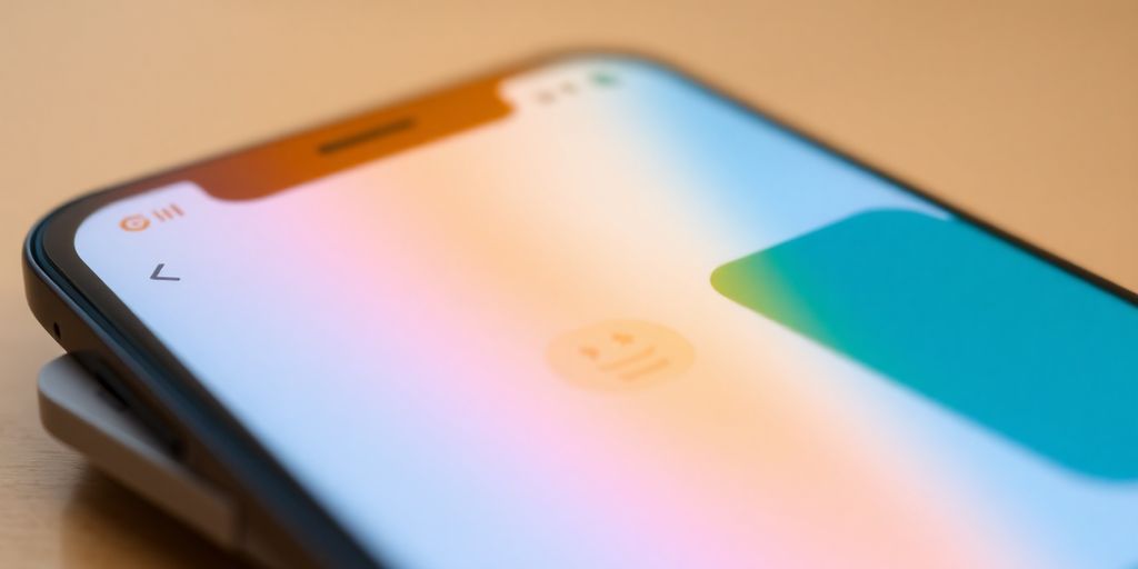A smartphone screen with colorful chat messages and emojis.