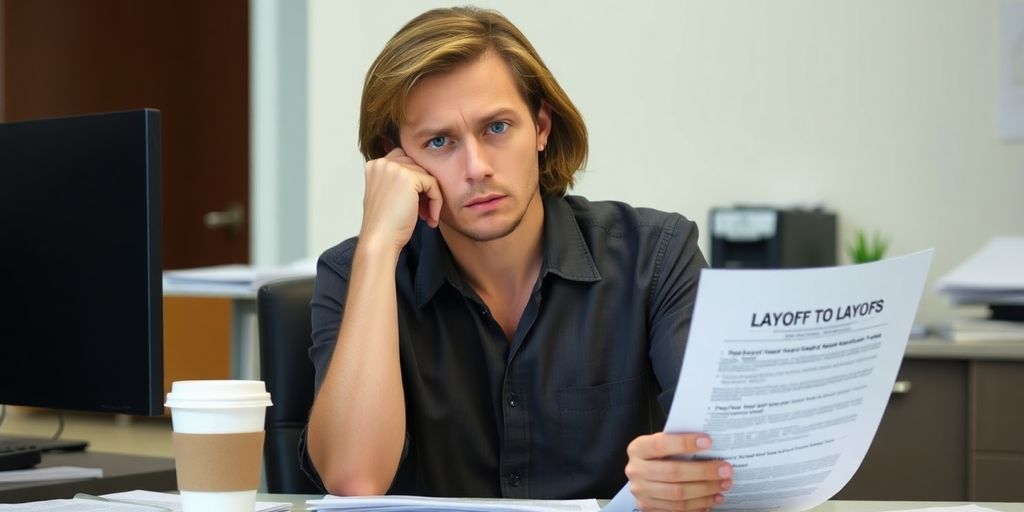 Employee contemplating layoffs in an office setting.