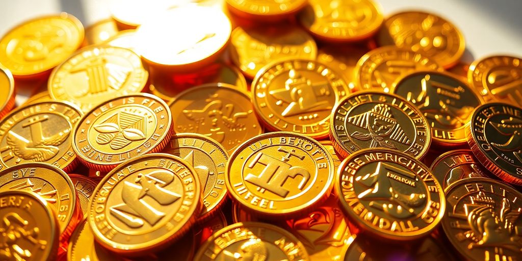 Pile de pièces d'or commémoratives brillantes et internationales.