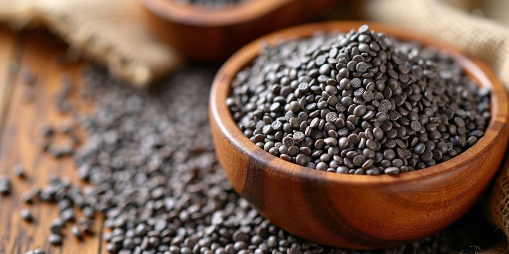 Chia seeds in a wooden bowl with burlap sack.