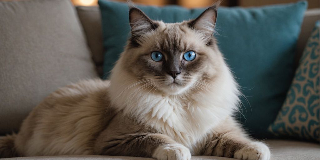 Calm Ragdoll cat on a cozy couch