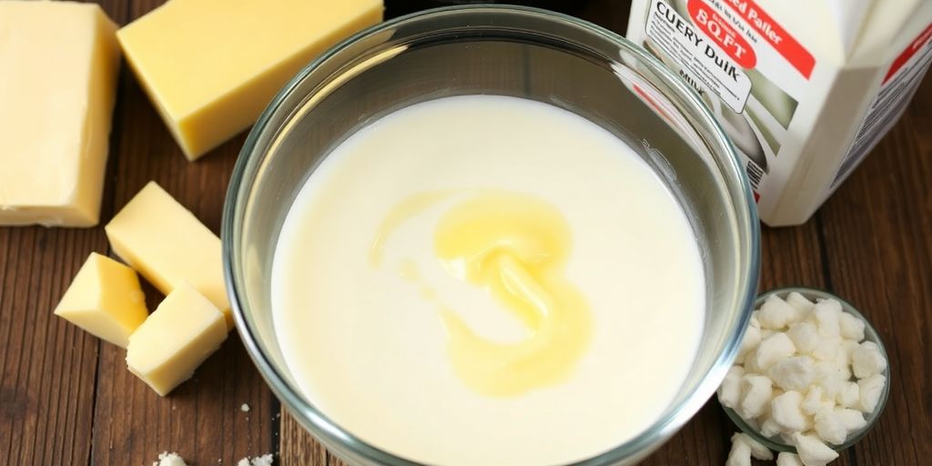 Milk and butter mixture in a glass bowl on wood.