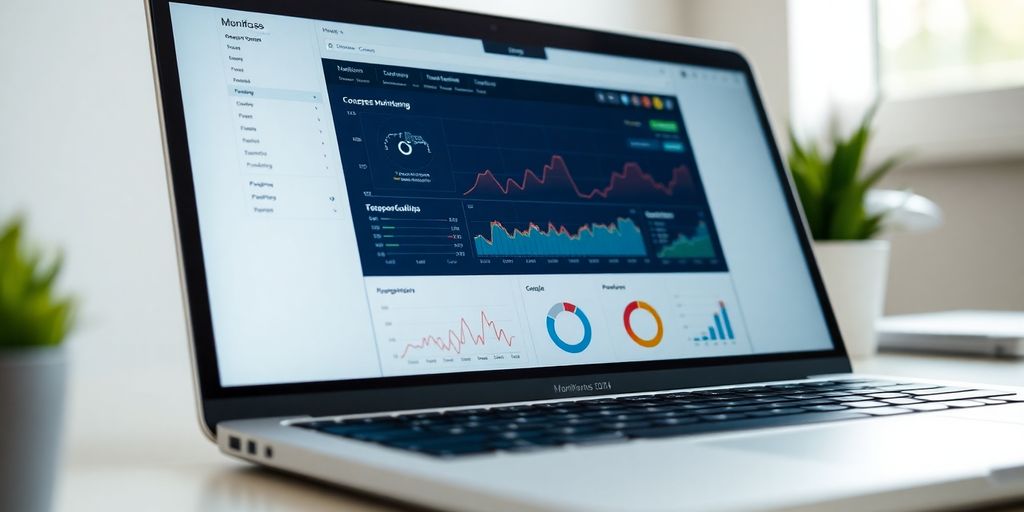 Laptop displaying a website monitoring dashboard on screen.