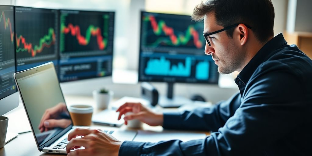 Trader concentrating on options trading in a bright workspace.