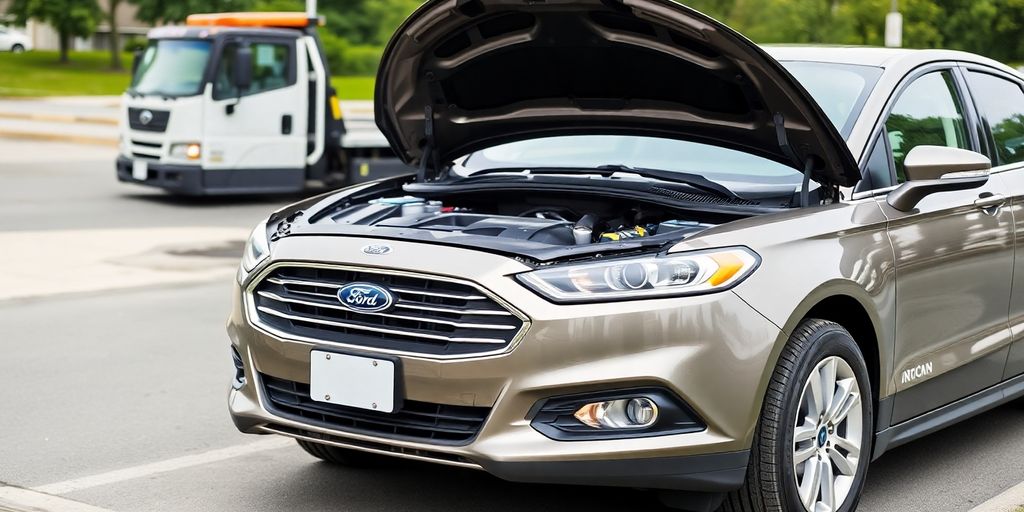 Ford car being loaded onto a tow truck.