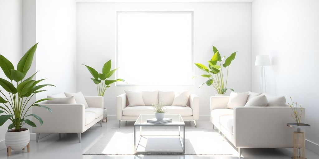 Bright room with modern furniture, green plants.