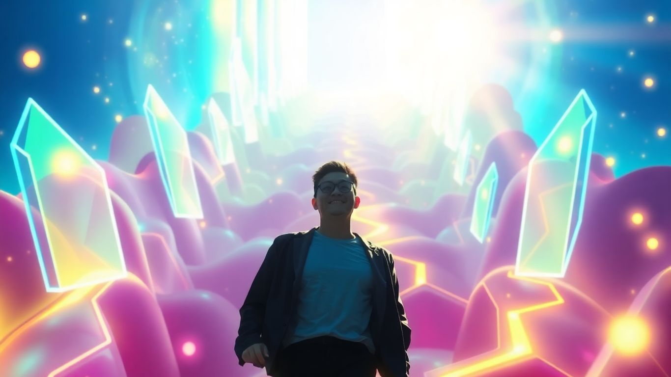 Person achieving digital success in a bright, abstract online world.