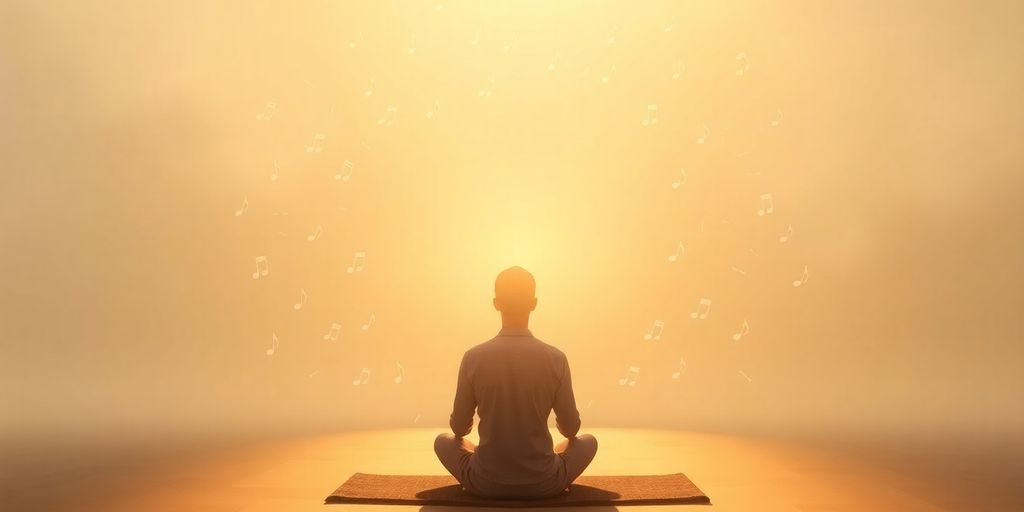 Person meditating in a calming environment with sound waves.