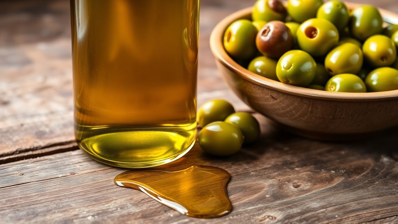 Bottle of olive oil and green olives on a wooden surface.