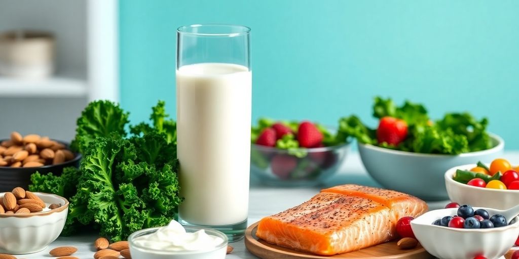 Photographic image of bone-healthy foods: milk, kale, salmon, almonds.