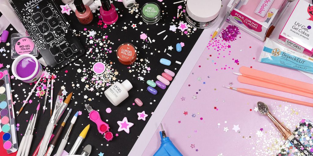 Colorful nail polish and tools for nail design.