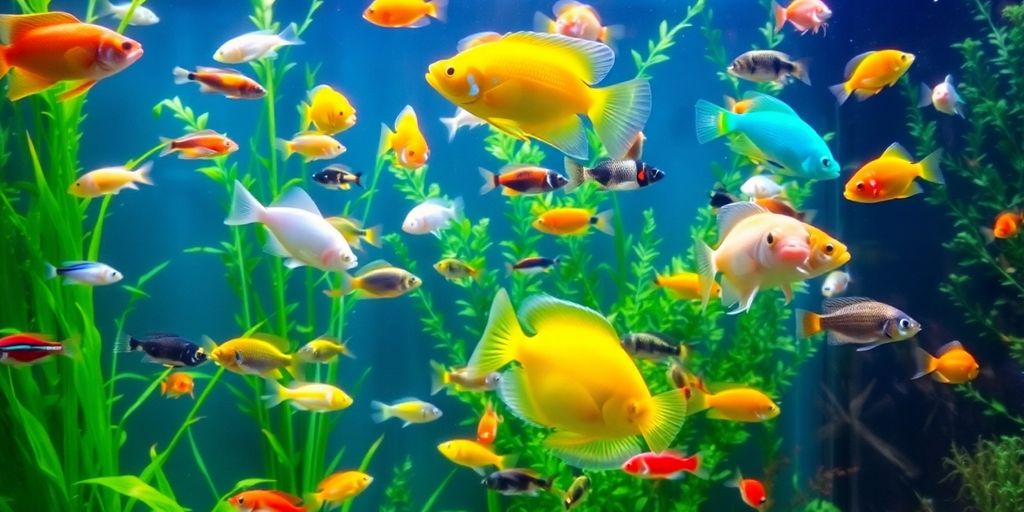 Makukulay na freshwater fish sa isang community aquarium.