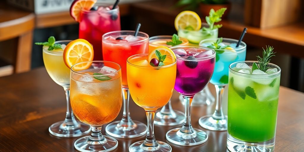 Colorful non-alcoholic cocktails with fresh fruit garnishes.