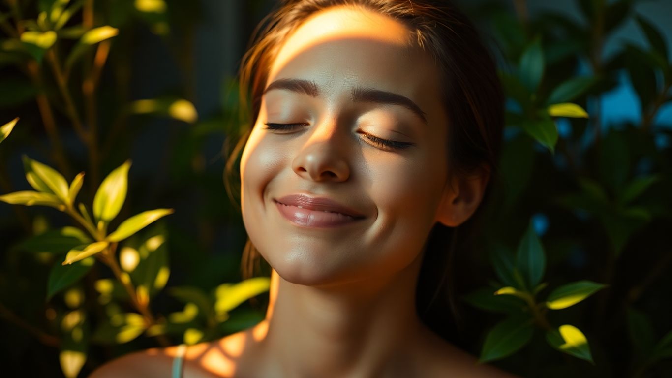 Person relaxing with eyes closed and a peaceful smile.