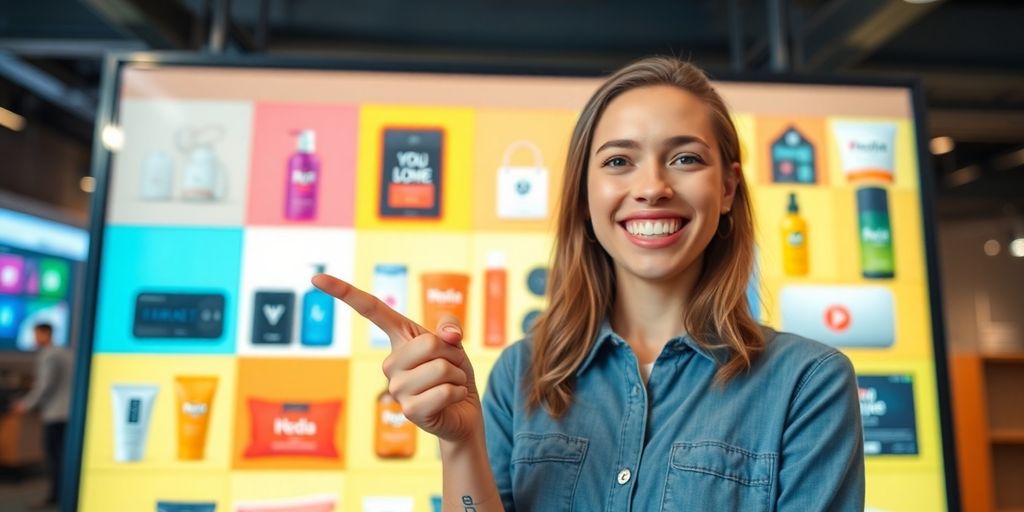 Influencer points to diverse products on a vibrant screen.