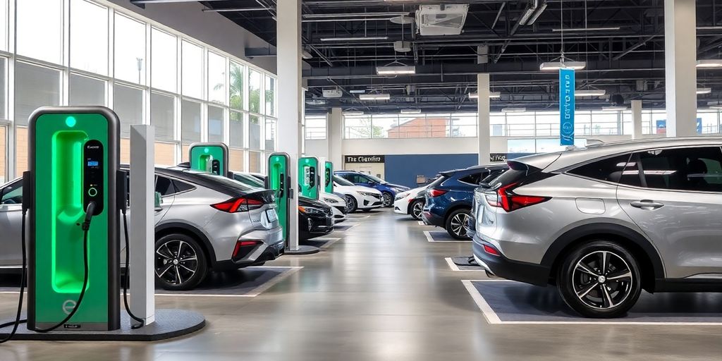 Electric vehicle charging stations at a car dealership.