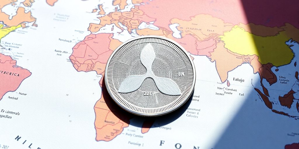 Ripple coin on a world map background.