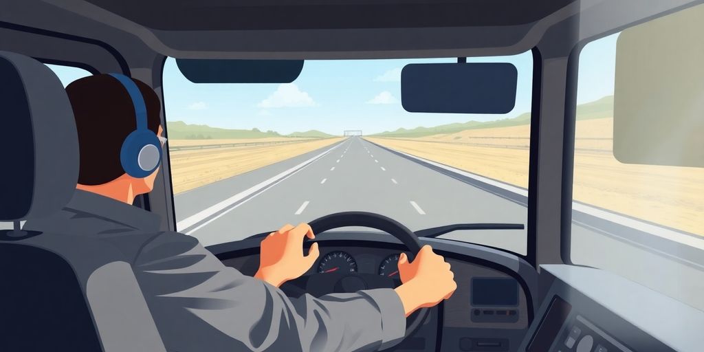 Driver behind steering wheel of large truck.