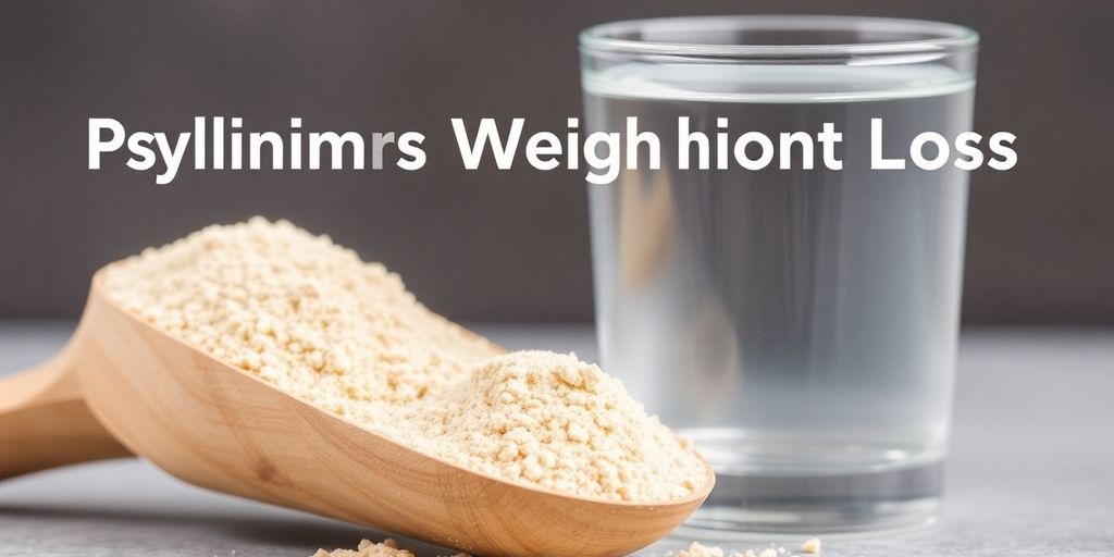 Psyllium em pó com copo de água e colher.