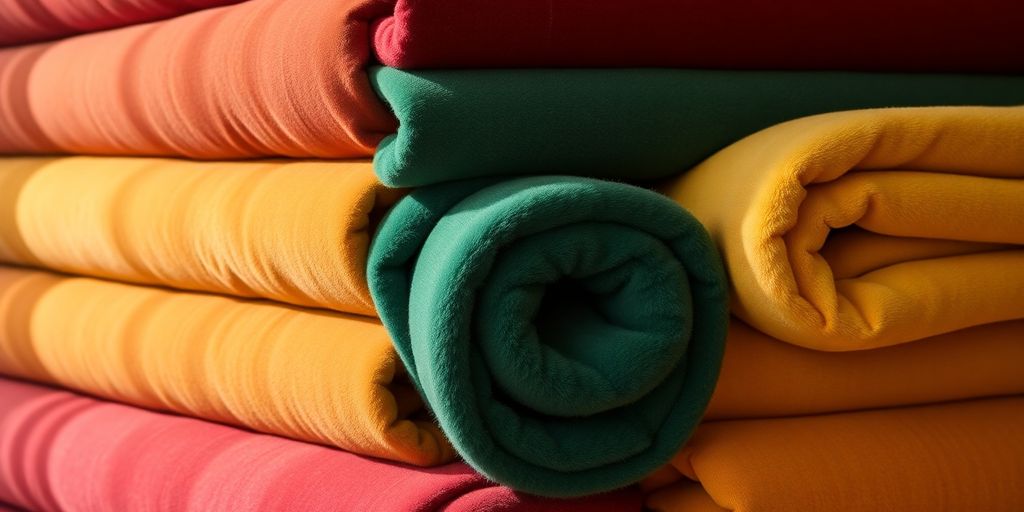 Rolls of chenille fabric in warm colors.