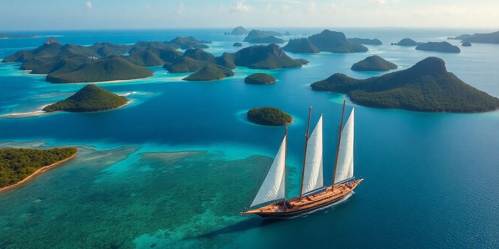 A Phinisi boat sailing in Komodo National Park.