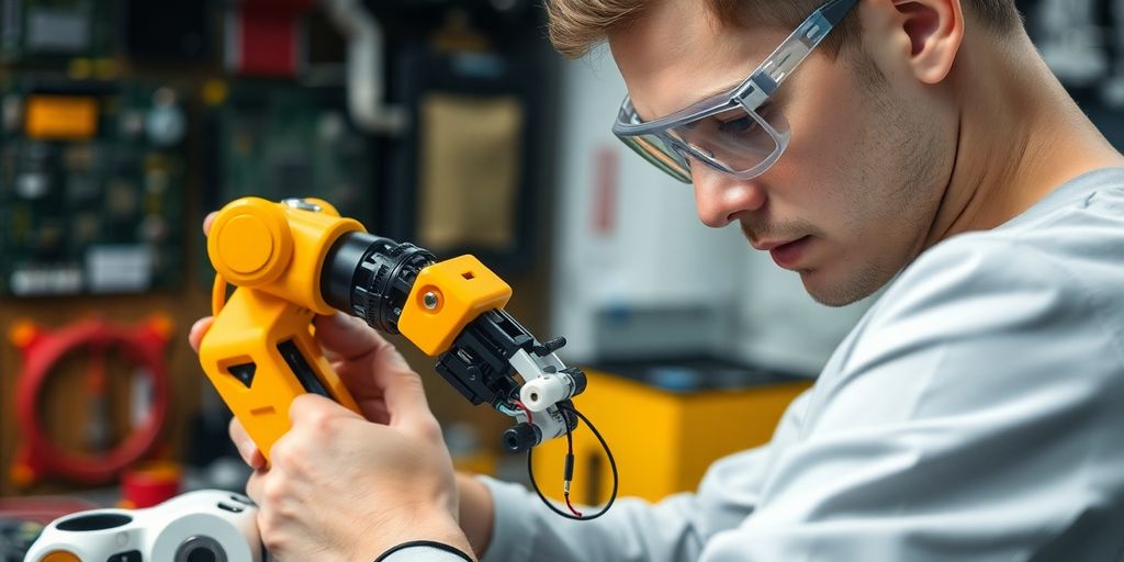 Robotics engineer assembling a robotic arm in workshop.