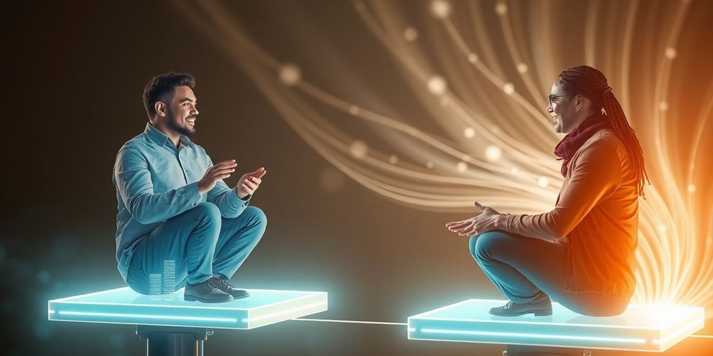Coach and client on glowing platforms.