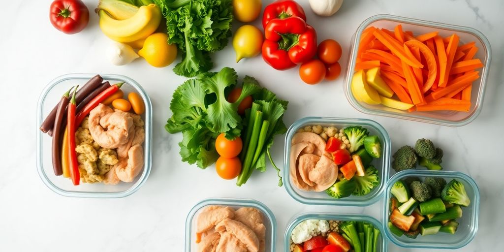 Colorful fresh ingredients and prepared meals on counter.