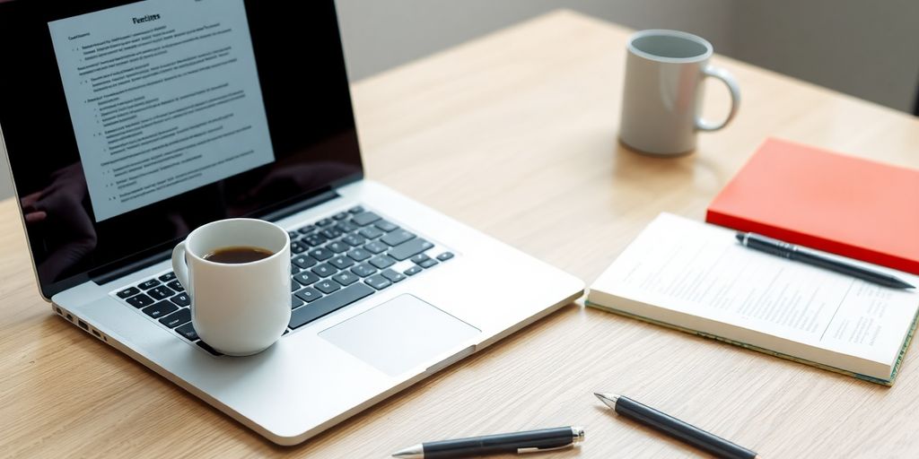 Open laptop, coffee, and neatly organized desk.