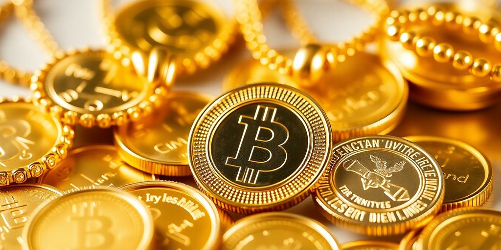 Pièces d'or et bijoux brillants sur fond flou.