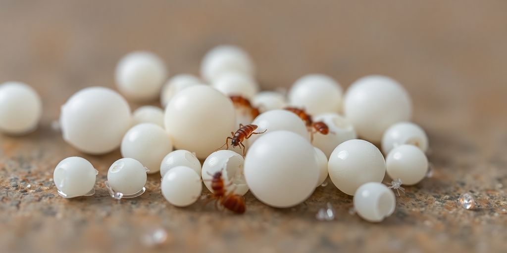 Close-up of bed bug eggs and eggshells on surface.