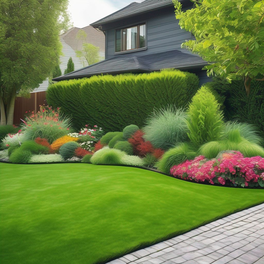 professional lawn care service trimming grass in a beautiful garden