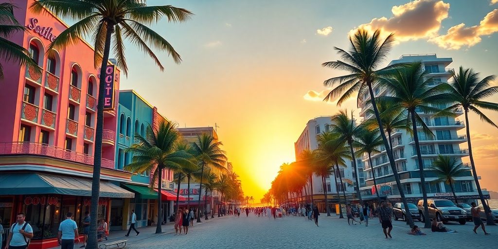 Vibrant South Beach Miami with Art Deco architecture and palm trees.