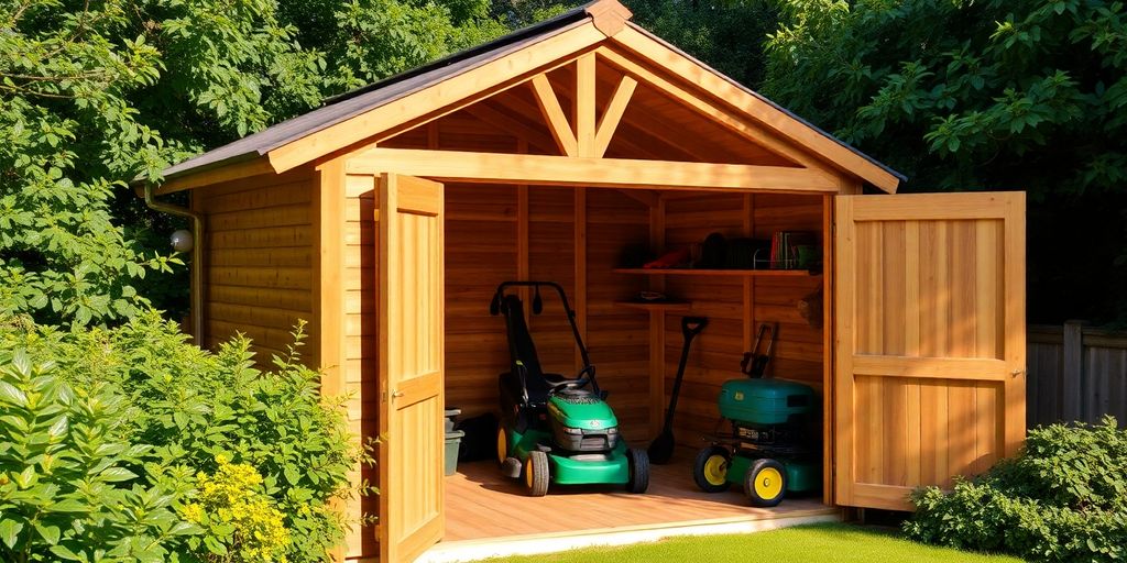 Outdoor mower shed surrounded by greenery and tools.