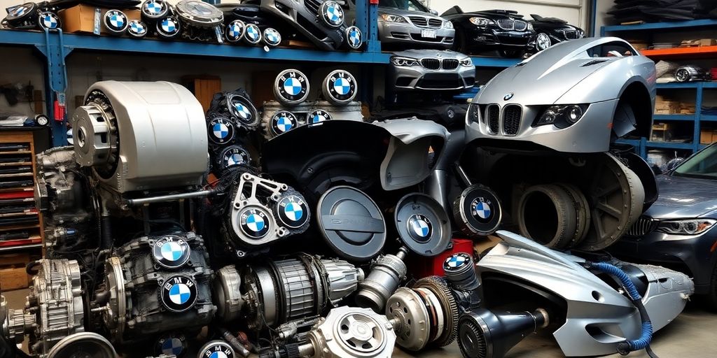 BMW engines and mechanics working.