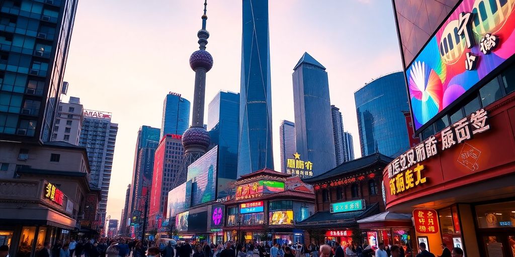 Shanghai cityscape at dusk with vibrant neon lights.
