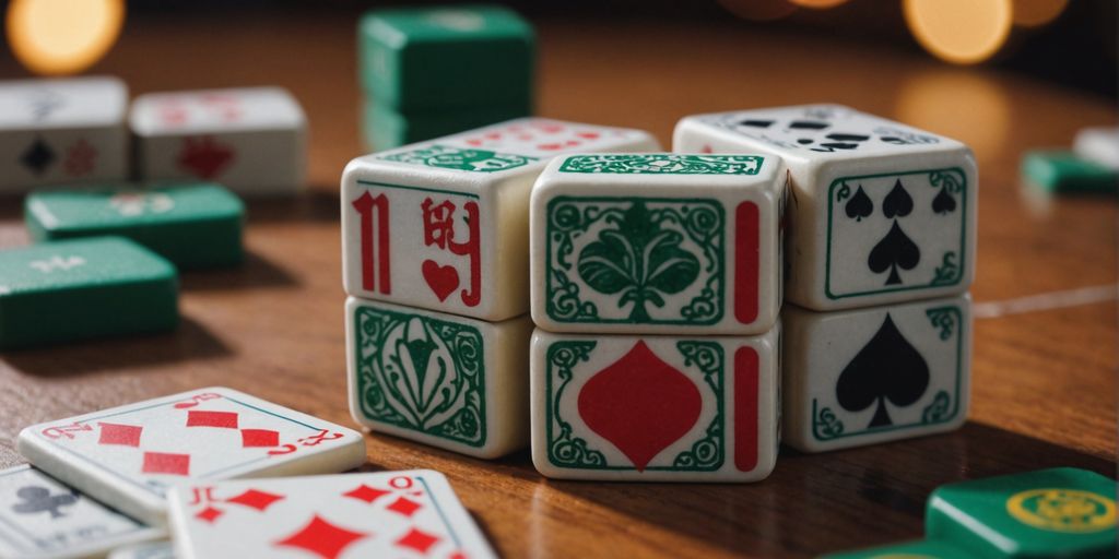 Mahjong and poker tiles fusion on wooden table.