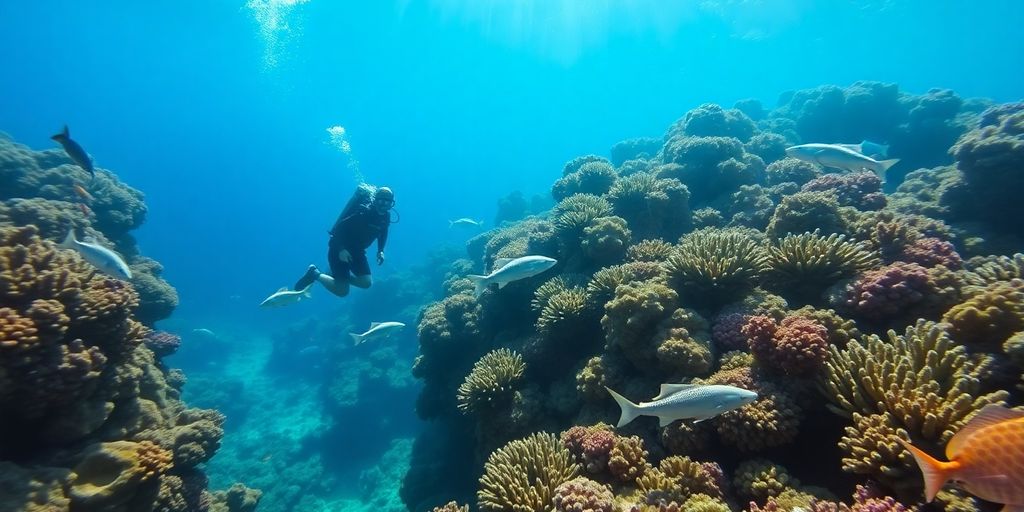 Diver swimming with a school of fish in blue water.