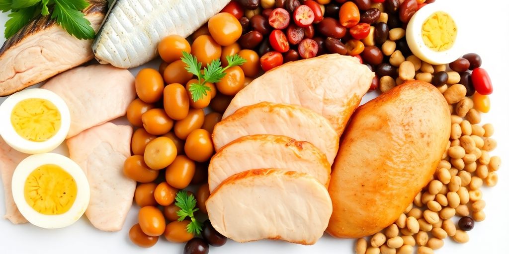 Cooked chicken breast pieces with various protein sources.