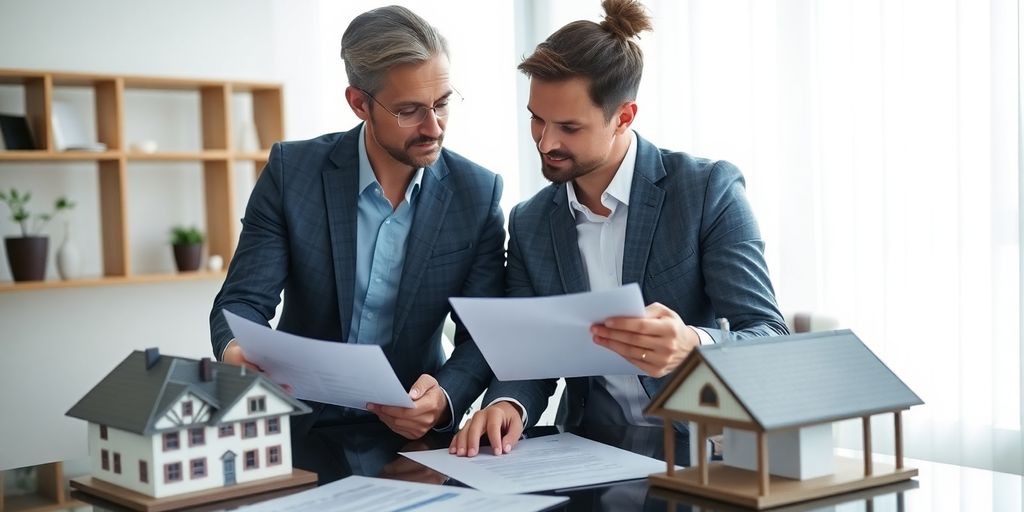 Real estate agent and client reviewing contract documents.