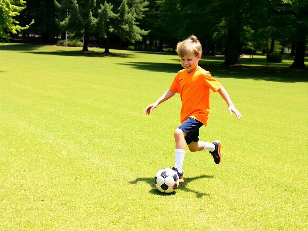 Copil jucând fotbal într-un parc însorit.
