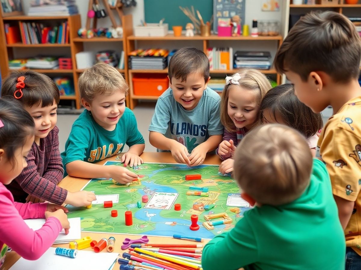 Copii jucându-se jocuri interactive și explorând creativitatea.