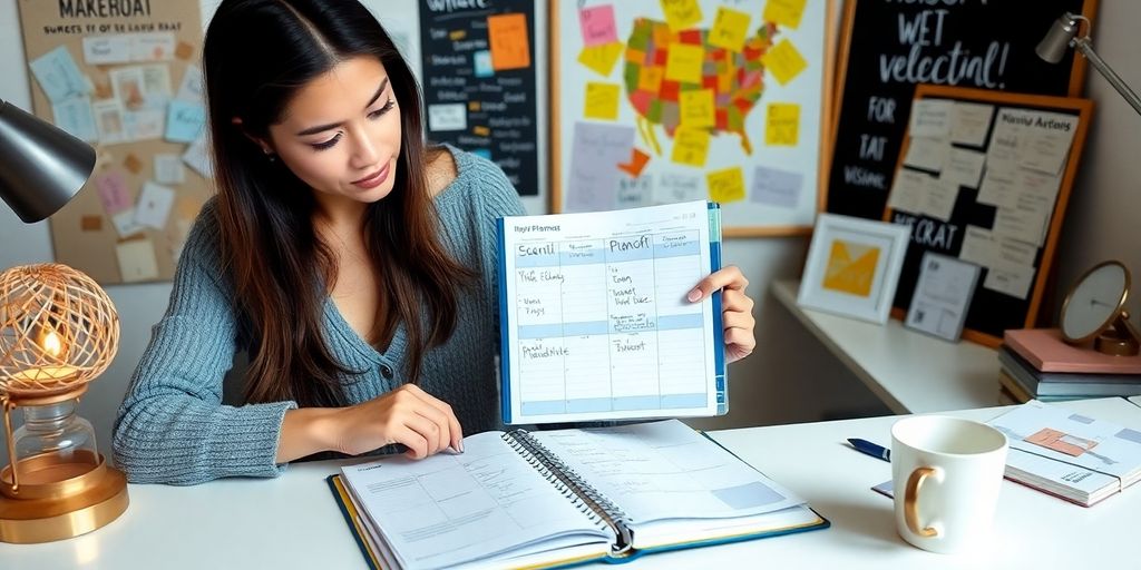 Person reviewing goals at a desk with motivational items.