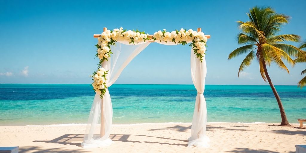 Cabo beach wedding arch with ocean view.