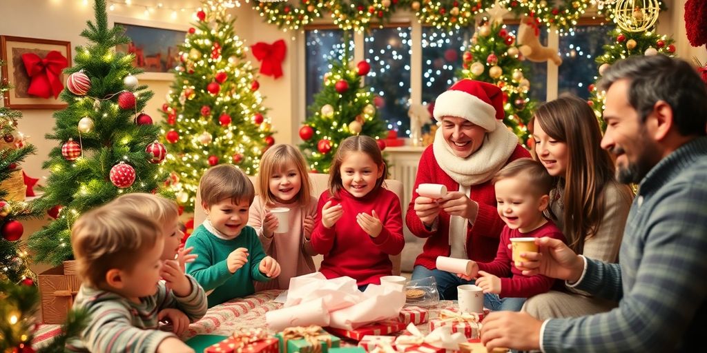 Families celebrating Christmas with decorations and joyful activities.