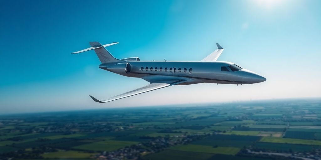 Private jet taking off into a bright sky.